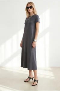 Olalook Women's Anthracite Crew Neck Pocketed Modal Buttoned Flowy Dress - Image 3
