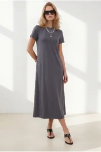 Olalook Women's Anthracite Crew Neck Pocketed Modal Buttoned Flowy Dress - Image 4