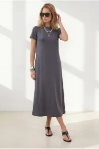 Olalook Women's Anthracite Crew Neck Pocketed Modal Buttoned Flowy Dress - Image 5