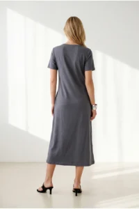 Olalook Women's Anthracite Crew Neck Pocketed Modal Buttoned Flowy Dress - Image 6