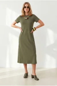 Olalook Women's Khaki Crew Neck Pocketed Modal Buttoned Flowy Dress - Image 2
