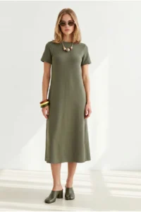 Olalook Women's Khaki Crew Neck Pocketed Modal Buttoned Flowy Dress - Image 3
