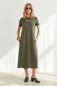 Olalook Women's Khaki Crew Neck Pocketed Modal Buttoned Flowy Dress - Image 4
