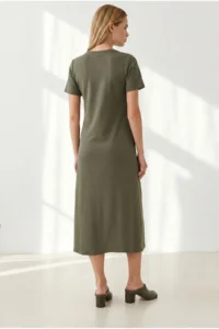 Olalook Women's Khaki Crew Neck Pocketed Modal Buttoned Flowy Dress - Image 5