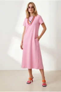 Olalook Women's Pink Crew Neck Pocketed Modal Buttoned Flowy Dress - Image 2