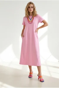 Olalook Women's Pink Crew Neck Pocketed Modal Buttoned Flowy Dress - Image 3