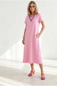 Olalook Women's Pink Crew Neck Pocketed Modal Buttoned Flowy Dress - Image 4