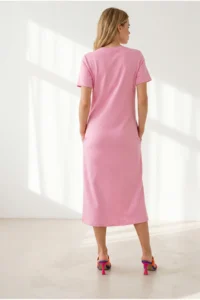 Olalook Women's Pink Crew Neck Pocketed Modal Buttoned Flowy Dress - Image 5