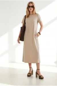 Olalook Women's Stone Crew Neck Pocketed Modal Buttoned Flowy Dress - Image 2
