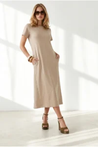 Olalook Women's Stone Crew Neck Pocketed Modal Buttoned Flowy Dress - Image 3