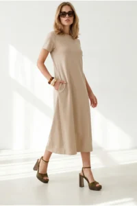 Olalook Women's Stone Crew Neck Pocketed Modal Buttoned Flowy Dress - Image 4