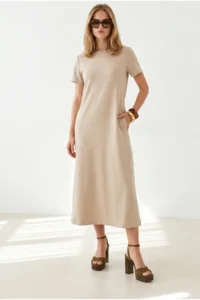 Olalook Women's Stone Crew Neck Pocketed Modal Buttoned Flowy Dress - Image 5