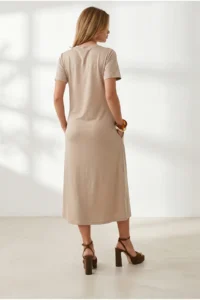 Olalook Women's Stone Crew Neck Pocketed Modal Buttoned Flowy Dress - Image 6