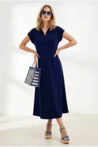 Olalook Women's Navy Blue Polo Collar Pocketed Modal Buttoned Flowy Dress - Image 2