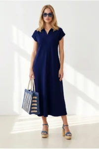 Olalook Women's Navy Blue Polo Collar Pocketed Modal Buttoned Flowy Dress - Image 3