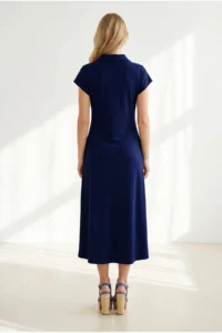 Olalook Women's Navy Blue Polo Collar Pocketed Modal Buttoned Flowy Dress - Image 4