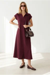 Olalook Women's Plum Polo Neck Pocketed Modal Buttoned Flowy Dress