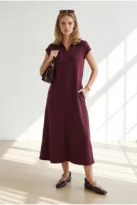 Olalook Women's Plum Polo Neck Pocketed Modal Buttoned Flowy Dress - Image 2