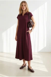 Olalook Women's Plum Polo Neck Pocketed Modal Buttoned Flowy Dress - Image 3