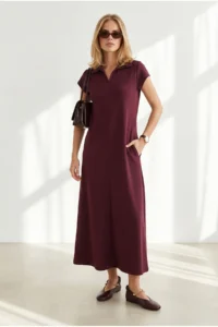 Olalook Women's Plum Polo Neck Pocketed Modal Buttoned Flowy Dress - Image 4