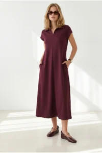Olalook Women's Plum Polo Neck Pocketed Modal Buttoned Flowy Dress - Image 5
