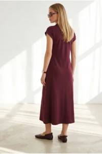 Olalook Women's Plum Polo Neck Pocketed Modal Buttoned Flowy Dress - Image 6