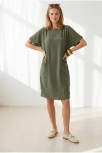 Olalook Women's Khaki Double Pocket Wide Fit Mini Dress - Image 2