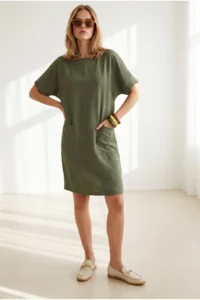 Olalook Women's Khaki Double Pocket Wide Fit Mini Dress - Image 3