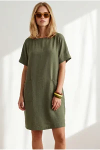 Olalook Women's Khaki Double Pocket Wide Fit Mini Dress - Image 4