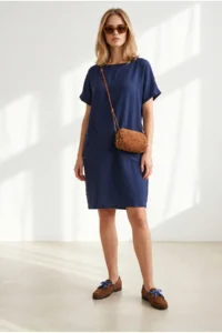 Olalook Women's Navy Blue Double Pocket Wide Fit Mini Dress