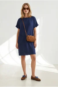 Olalook Women's Navy Blue Double Pocket Wide Fit Mini Dress - Image 2