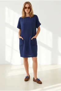 Olalook Women's Navy Blue Double Pocket Wide Fit Mini Dress - Image 3