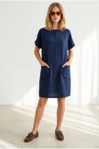 Olalook Women's Navy Blue Double Pocket Wide Fit Mini Dress - Image 4