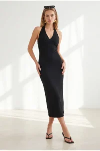 Olalook Women's Black Halter Neck Deep Back Low-cut Maxi Dress - Image 4