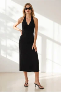 Olalook Women's Black Halter Neck Deep Back Low-cut Maxi Dress - Image 5