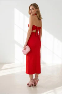 Olalook Women's Red Halter Neck Deep Back Low-cut Maxi Dress