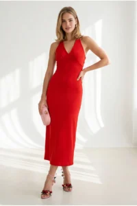 Olalook Women's Red Halter Neck Deep Back Low-cut Maxi Dress - Image 2
