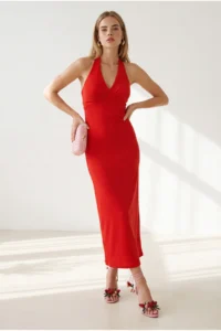 Olalook Women's Red Halter Neck Deep Back Low-cut Maxi Dress - Image 3