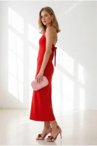 Olalook Women's Red Halter Neck Deep Back Low-cut Maxi Dress - Image 5