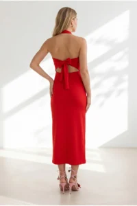 Olalook Women's Red Halter Neck Deep Back Low-cut Maxi Dress - Image 6