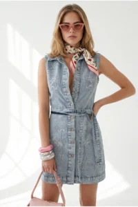 Olalook Women's Light Blue Embroidery Detailed Belted Mini Denim Dress