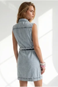 Olalook Women's Light Blue Embroidery Detailed Belted Mini Denim Dress - Image 5