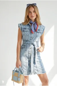 Olalook Women's Light Blue Belted Pocket Tassel Detailed Mini Denim Dress