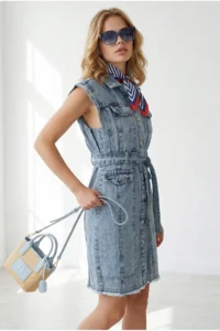 Olalook Women's Light Blue Belted Pocket Tassel Detailed Mini Denim Dress - Image 2