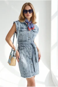 Olalook Women's Light Blue Belted Pocket Tassel Detailed Mini Denim Dress - Image 3