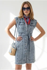 Olalook Women's Light Blue Belted Pocket Tassel Detailed Mini Denim Dress - Image 4