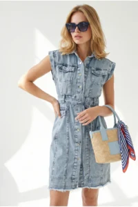 Olalook Women's Light Blue Belted Pocket Tassel Detailed Mini Denim Dress - Image 5