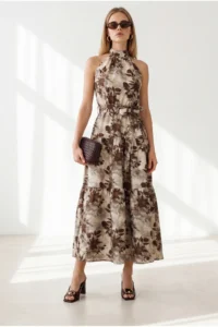 Olalook Women's Stone Halter Collar Belted Maxi Woven Dress - Image 3
