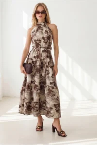 Olalook Women's Stone Halter Collar Belted Maxi Woven Dress - Image 5