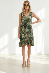 Olalook Women's Green V-Neck Skirt Ruffle Knitted Viscose Dress - Image 3